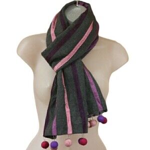 Unbranded Gray & Pink Striped Bauble Scarf Wrap 64" Long Felted Wool